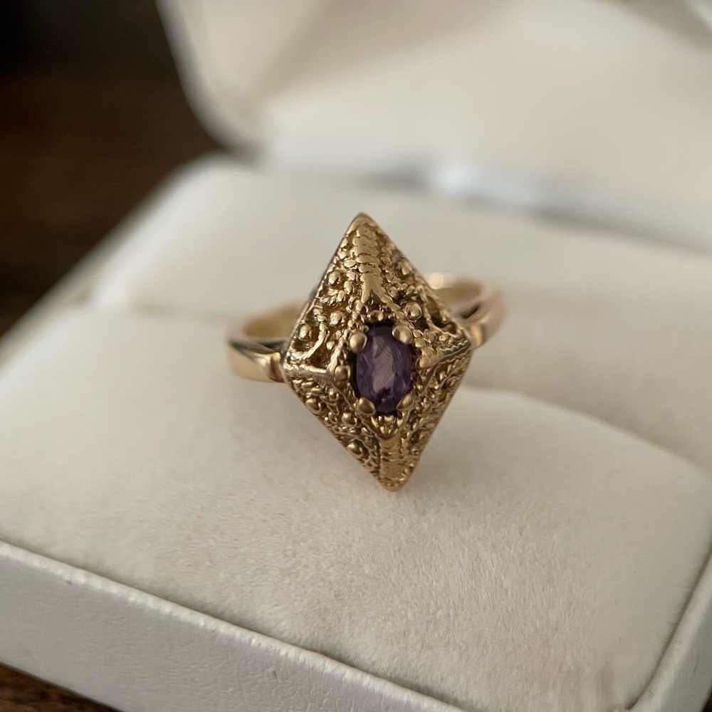 Etruscan 14k Gold Hand Wrought Granulated Filigree Scroll Lozenge Statement Ring - Picture 12 of 15